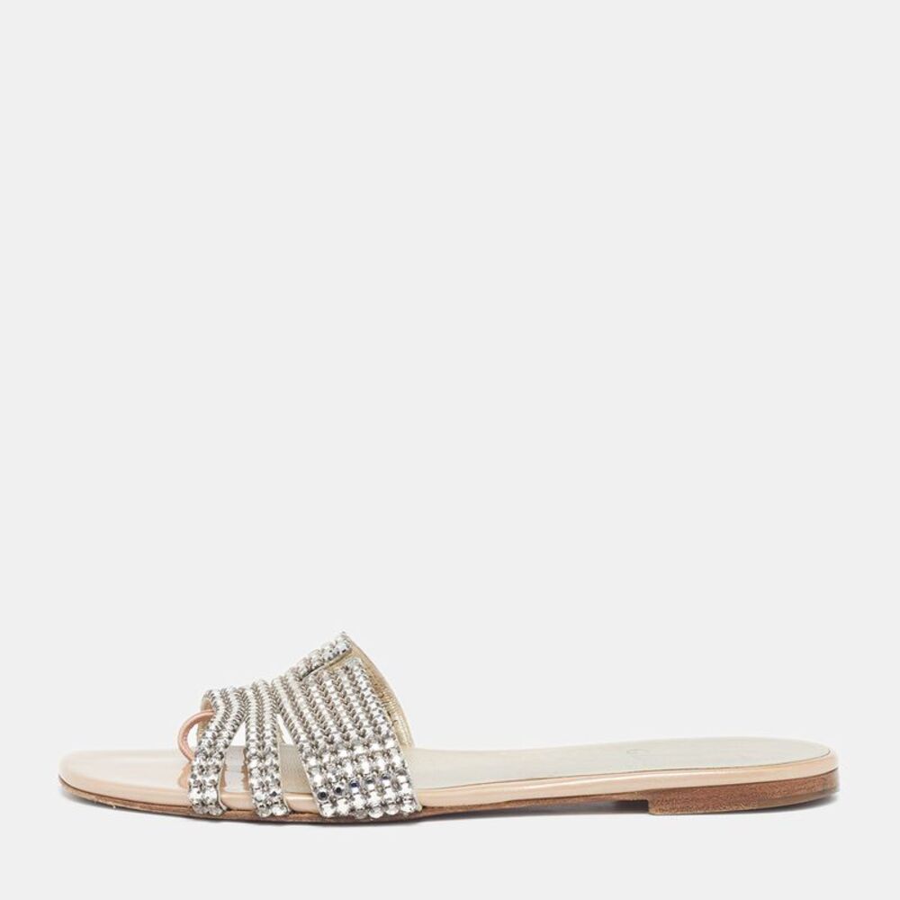 Gina Loren Size 38 Beige Patent Leather Crystal Embellished Flat Slide Sandals
